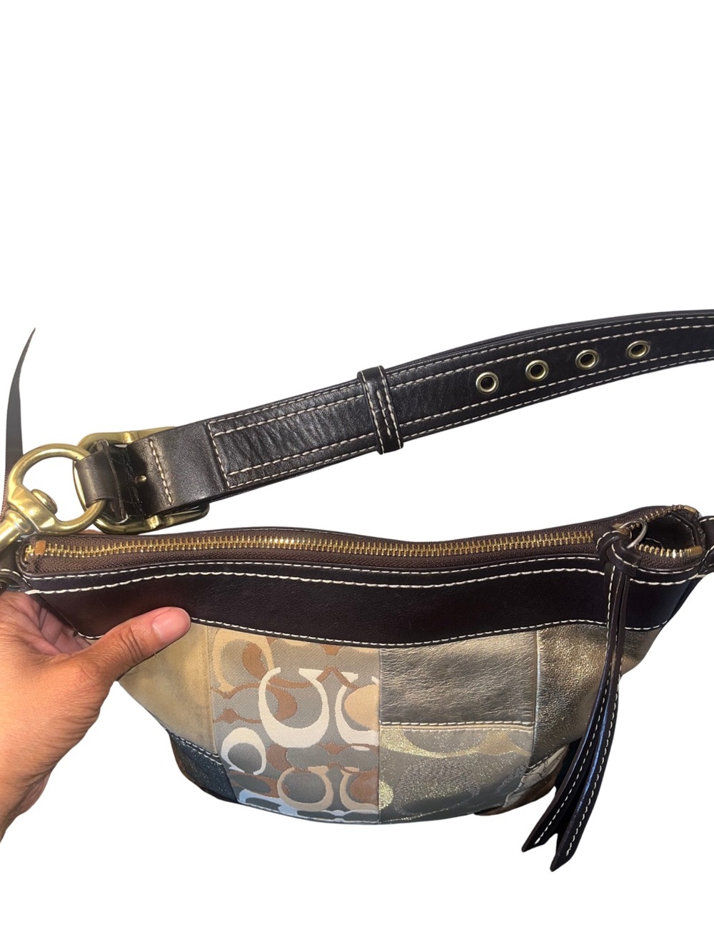 Coach Patchwork Suede Metallic Beige & Brown Crossbody Bag - Picture 8 of 12